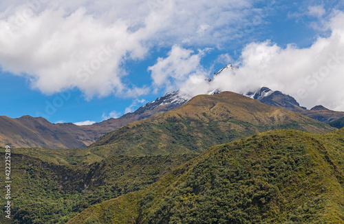 Cotacachi volcano peak after snowfall, Cotacachi Cayapas national reserve, Andes mountains, Otavalo, Ecuador.