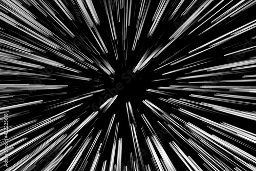 Bokeh white lines on black background. speed light motion blur texture, star particle or space traveling