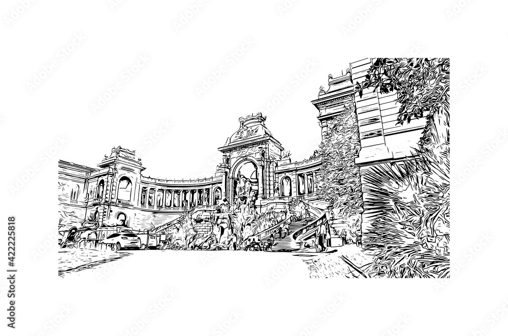 Building view with landmark of Marseille is the port city in southern France. Hand drawn sketch illustration in vector.