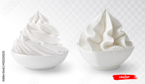 Set of whipped cream in white bowl isolated. 3d realistic vector illustration of whipped cream.