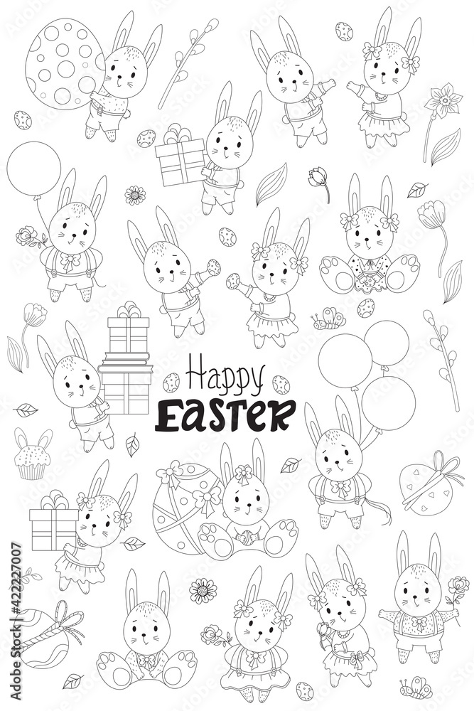  easter collection outline. Cute Easter Bunnies-girls in a dress with a bow, boys in shorts, with flowers and with gift, with an Easter egg, flowers and birds. Vector illustration. line