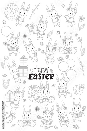  easter collection outline. Cute Easter Bunnies-girls in a dress with a bow, boys in shorts, with flowers and with gift, with an Easter egg, flowers and birds. Vector illustration. line