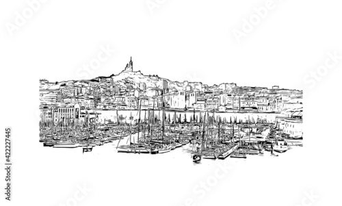 Building view with landmark of Marseille is the port city in southern France. Hand drawn sketch illustration in vector. photo