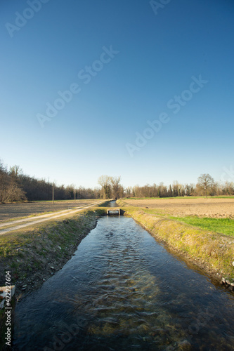 irrigation channel in the lowland countryside in northern Italy
