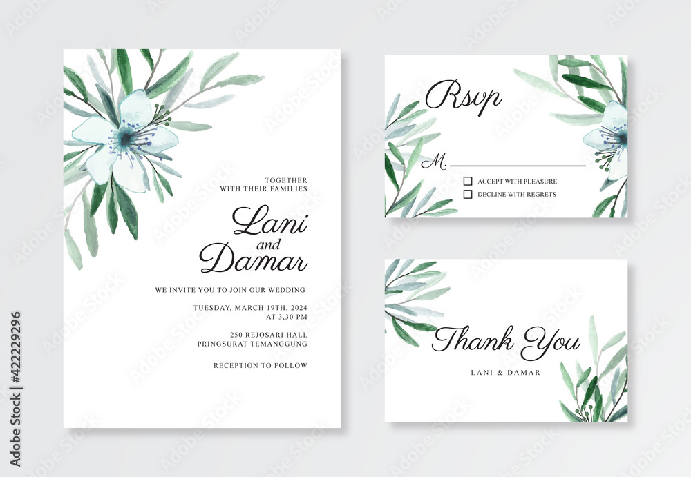 Minimalist wedding invitation template with watercolor foliage