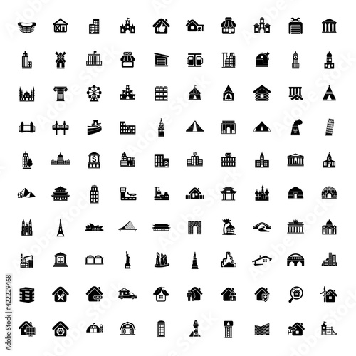 architecture city house construction shop building symbol 100 icons on white background.