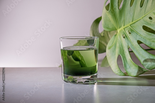 Photos Chlorophyll extract is poured in pure water in glass against a white grey background with green leaf