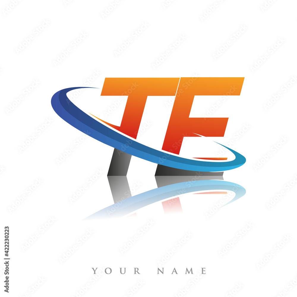 initial logo TE company name colored orange and blue swoosh design