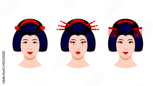 Geisha set - Portrait of japanese geisha women with different make-up, hairstyle, hairpins. Close-up female face. Concept of japanese culture, traditional garment. Vector modern set of avatar, icons.