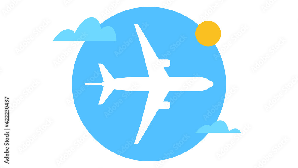 Airplane flying high in the sky. Airplane, sun and clouds icon. Vector modern illustration. Concept of flight, adventure, air travel.