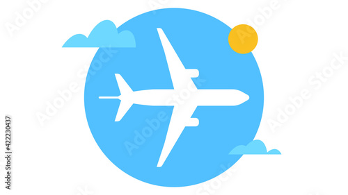 Airplane flying high in the sky. Airplane, sun and clouds icon. Vector modern illustration. Concept of flight, adventure, air travel.