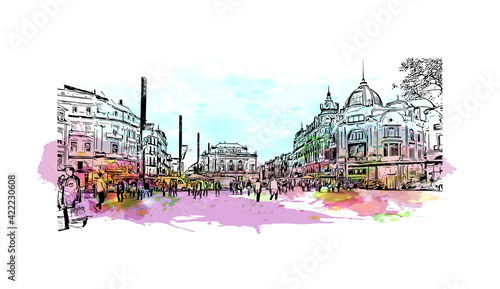 Building view with landmark of Marseille is the port city in southern France. Watercolour splash with hand drawn sketch illustration in vector.
