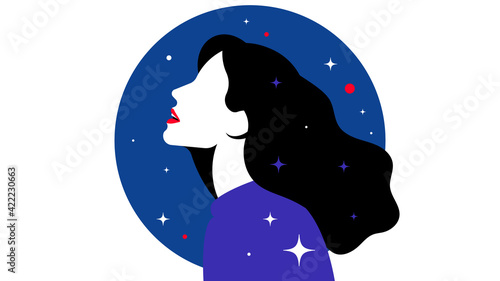 Dreamy girl against the background of round starry sky - Concept of daydreaming, making wishes, space, meditation. Modern vector illustration.
