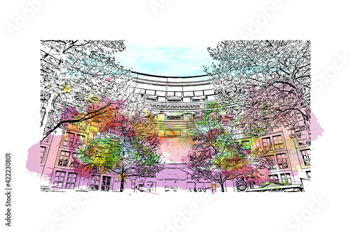 Building view with landmark of Marseille is the port city in southern France. Watercolour splash with hand drawn sketch illustration in vector.