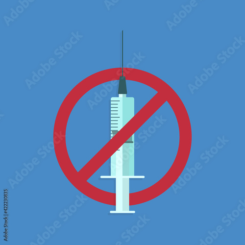 Anti-vaccination. Ban vaccination, prohibition injection by syringe icon sign symbol