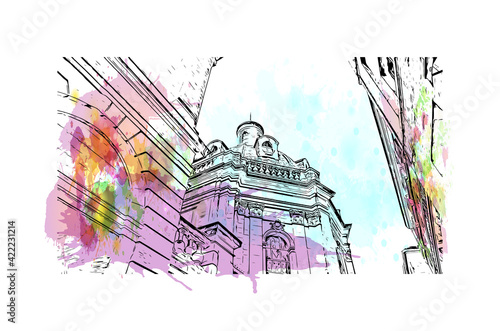 Building view with landmark of Marseille is the port city in southern France. Watercolour splash with hand drawn sketch illustration in vector.