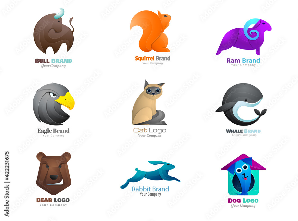 Animal logo collection Bull, squirrel, sheep, eagle, cat, whale, bear, hare, dog symbol.