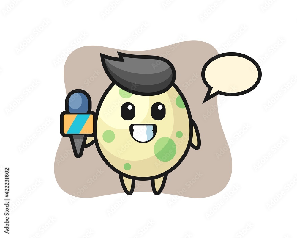 Character mascot of spotted egg as a news reporter