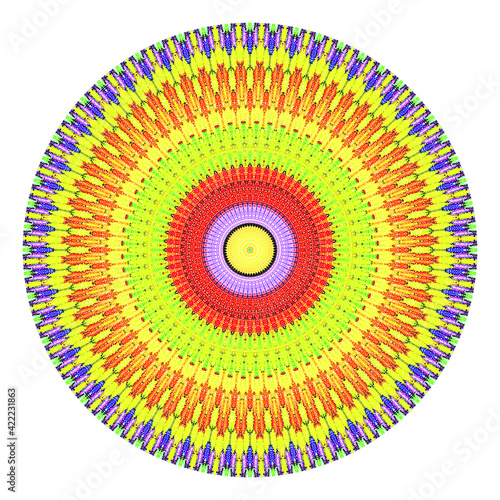 Creative multicolored points round symbol. Abstract symmetrical logo. Mosaic colorful beautiful beads. Circle dots modern pixel floral art icon. Colored pattern ornament wheel decorative illustration.