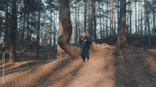 Elderly man in winter jacket and denim jeans sits on crooked tree in woods dials number and calls against spruce and aspen