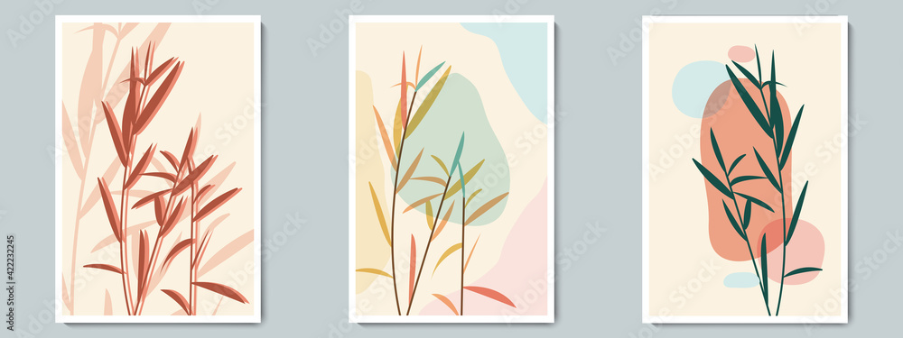 Botanical Wall Art Vector Poster Spring, Summer Set. Minimalist Foliage with Abstract Simple Shape