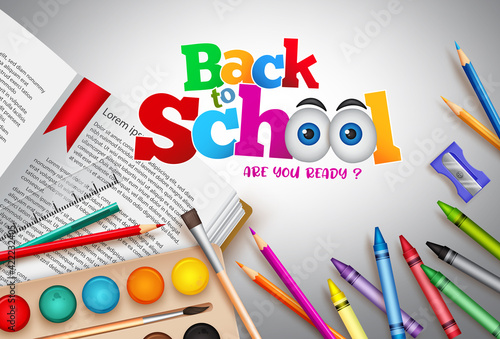 Back to school vector banner background. Back to school are you ready text with crayons, paint and book study elements for student activity educational design. Vector illustration 