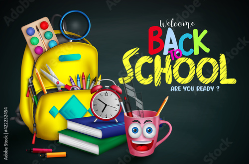 Back to school vector banner design. Welcome back to school text with elements like backpack bag, book and student supplies for educational knowledge decoration. Vector illustration
