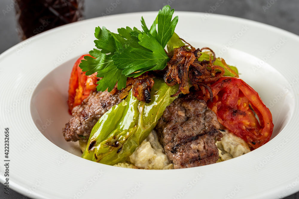 Turkish Food Hunkar Begendi made with Eggplant and Meat Turkish Food Hunkar Begendi made with Eggplant and Meat