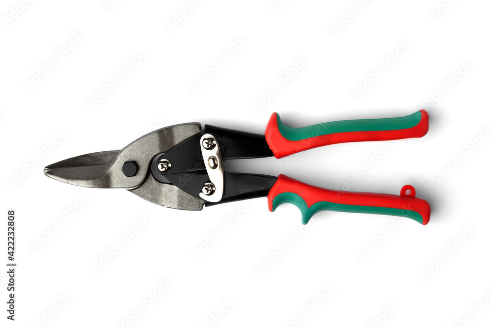 Construction scissors for cutting metal isolated on white background. Construction scissors for cutting metal isolated on white background.