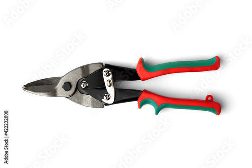 Construction scissors for cutting metal isolated on white background.