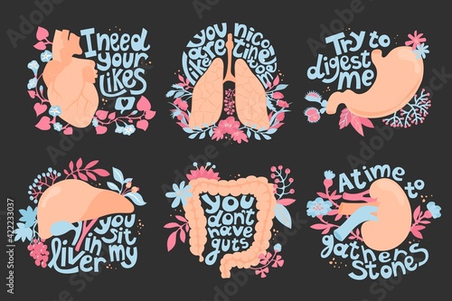 Set with organs in vector illustrations. Guts stomach liver kidney heart lungs among  flowers and letters. Vector illustration. Poster, print, sticker. Humorous phrase. Feelings and internal organs.