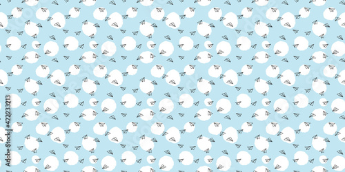 Blue sky, paper plane seamless repeat pattern vector background