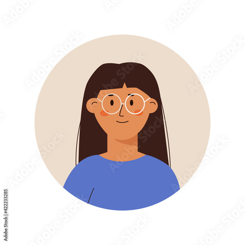 Woman with eyeglasses with bangs avatar , portrait of a young woman on isolated white background. Vector illustration in cartoon flat style.