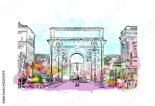 Building view with landmark of Marseille is the port city in southern France. Watercolour splash with hand drawn sketch illustration in vector.