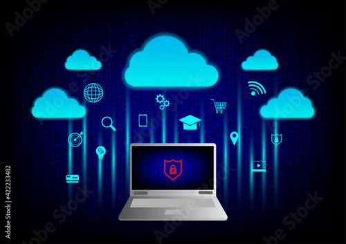 Cybercrime and cloud computing concepts. Computer or laptop with red lock security and blue binary code background. Stolen data and use it for payments and shopping on a laptop.