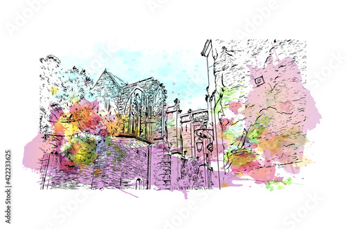 Building view with landmark of Marseille is the port city in southern France. Watercolour splash with hand drawn sketch illustration in vector.