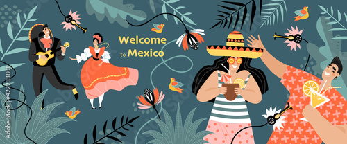 Welcome to Mexico concept. Banner with funny young people drinking cocktails and a couple in traditional Mexican clothes on a background of flowers.