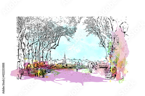 Building view with landmark of Marseille is the port city in southern France. Watercolour splash with hand drawn sketch illustration in vector.