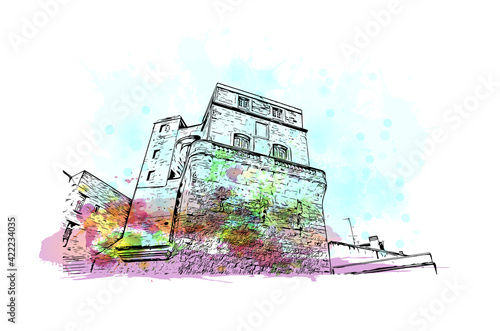 Building view with landmark of Marseille is the port city in southern France. Watercolour splash with hand drawn sketch illustration in vector.