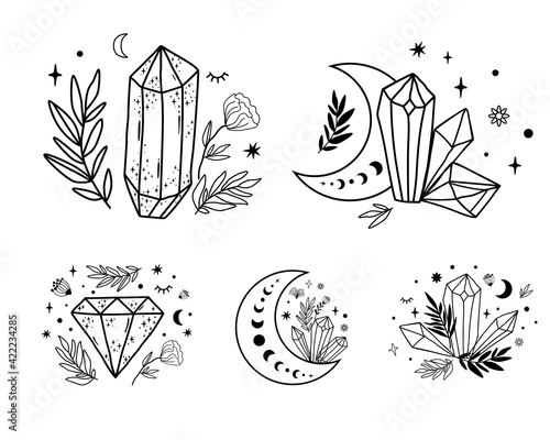 Celestial set. Moon crystal set. Hand drawn lines magic celestial crystals, stars flowers. Mystical boho element. photo