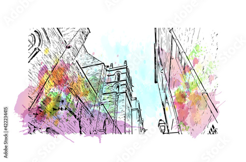 Building view with landmark of Marseille is the port city in southern France. Watercolour splash with hand drawn sketch illustration in vector.