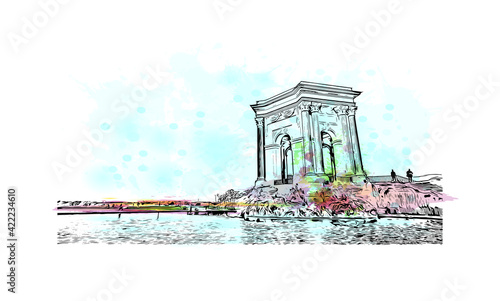 Building view with landmark of Marseille is the port city in southern France. Watercolour splash with hand drawn sketch illustration in vector.