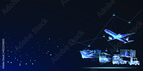Global business connection technology interface global partner connection of Container freight train for logistic import export background. Business logistics concept, internet of things. Low poly vec