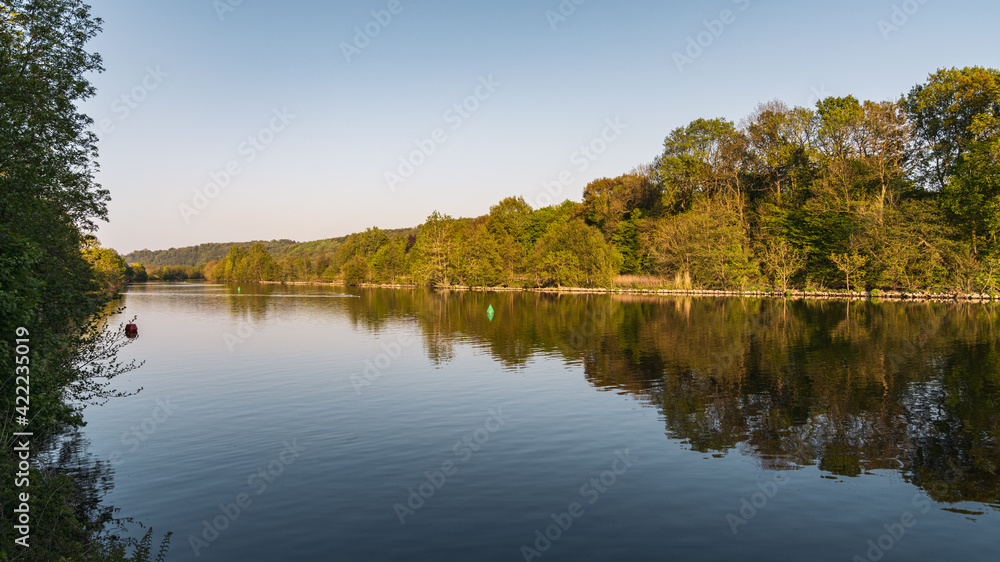 Springtime at the River Ruhr between Kettwig and Werden in Essen, North Rhine-Westphalia, Germany