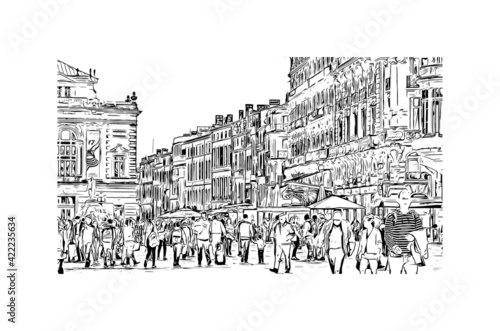 Building view with landmark of Marseille is the port city in southern France. Hand drawn sketch illustration in vector.
