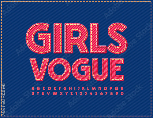 Vector fashion sign Girls Vogue. Red Denim Font. Elegant Jeans Alphabet Letters and Numbers set