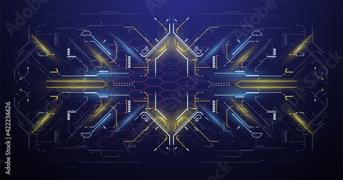 HUD User Interface. Cyberpunk Sky-fi illustration. Futuristic VR display. Sci-fi concept design. Abstract tech background. Futuristic abstract technology. Cyberspace Virtual reality in HUD style.
