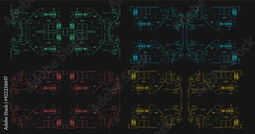 Set of Sci-fi concepts. Futuristic abstract technology Template. High tech frame. Cyberspace Virtual reality in HUD style. Cyberpunk Sky-fi illustration. Abstract tech background. HUD User Interface.