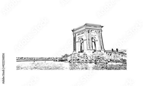 Building view with landmark of Marseille is the port city in southern France. Hand drawn sketch illustration in vector.