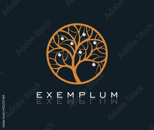 Golden tree with silver apples. Nature trees vector illustration logo design. Ornamental round monogram, template for creating logos, labels, chevrons.